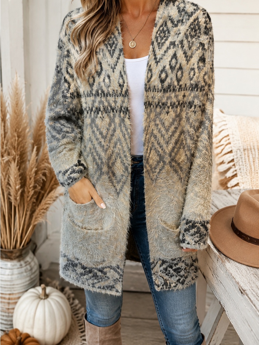 Eddie Bauer Women's Cream and Gray Patterned Cardigan